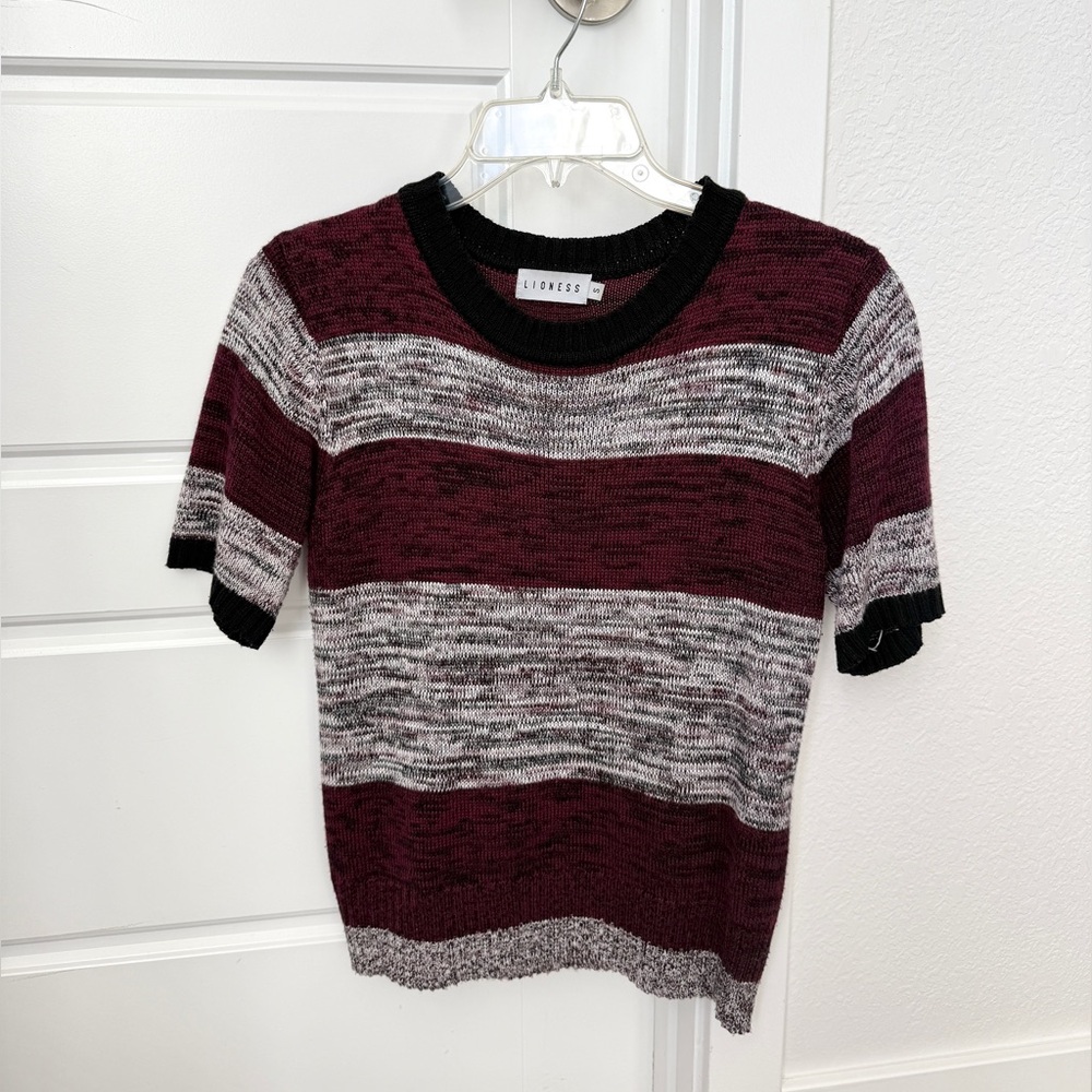 Lioness Burgundy and Gray Short Sleeve Striped Sweater